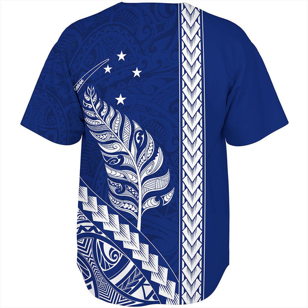 New Zealand Baseball Shirt Maori Tribal Silver Fern With Star Tattoo Style Blue