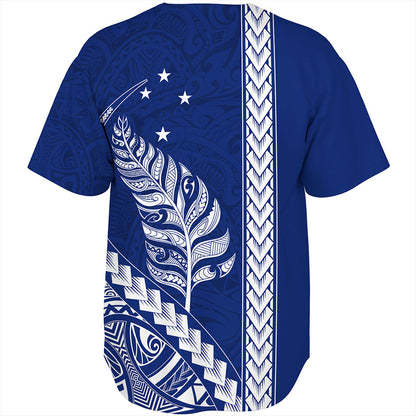 New Zealand Baseball Shirt Maori Tribal Silver Fern With Star Tattoo Style Blue