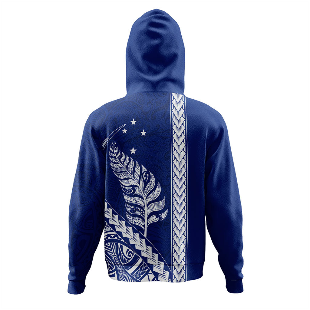 New Zealand Hoodie Maori Tribal Silver Fern With Star Tattoo Style Blue