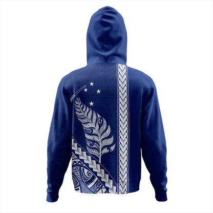 New Zealand Hoodie Maori Tribal Silver Fern With Star Tattoo Style Blue