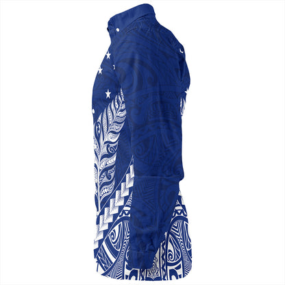 New Zealand Long Sleeve Shirt Maori Tribal Silver Fern With Star Tattoo Style Blue