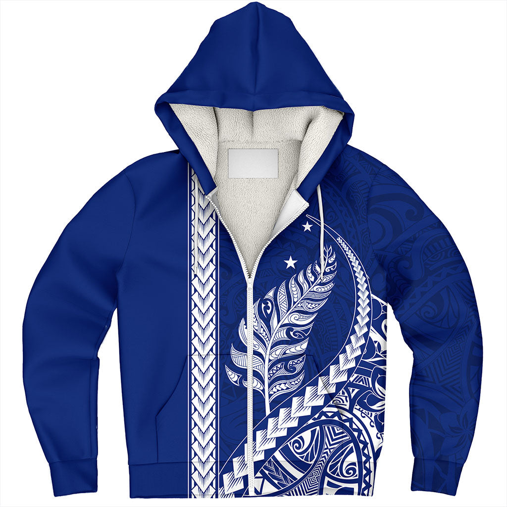 New Zealand Sherpa Hoodie Maori Tribal Silver Fern With Star Tattoo Style Blue