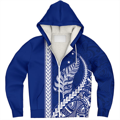 New Zealand Sherpa Hoodie Maori Tribal Silver Fern With Star Tattoo Style Blue