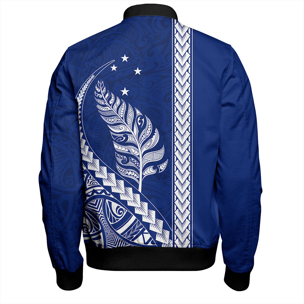 New Zealand Bomber Jacket Maori Tribal Silver Fern With Star Tattoo Style Blue