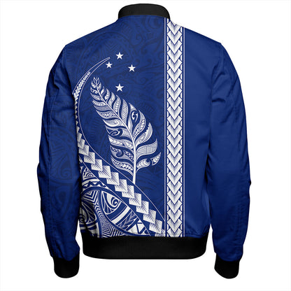 New Zealand Bomber Jacket Maori Tribal Silver Fern With Star Tattoo Style Blue