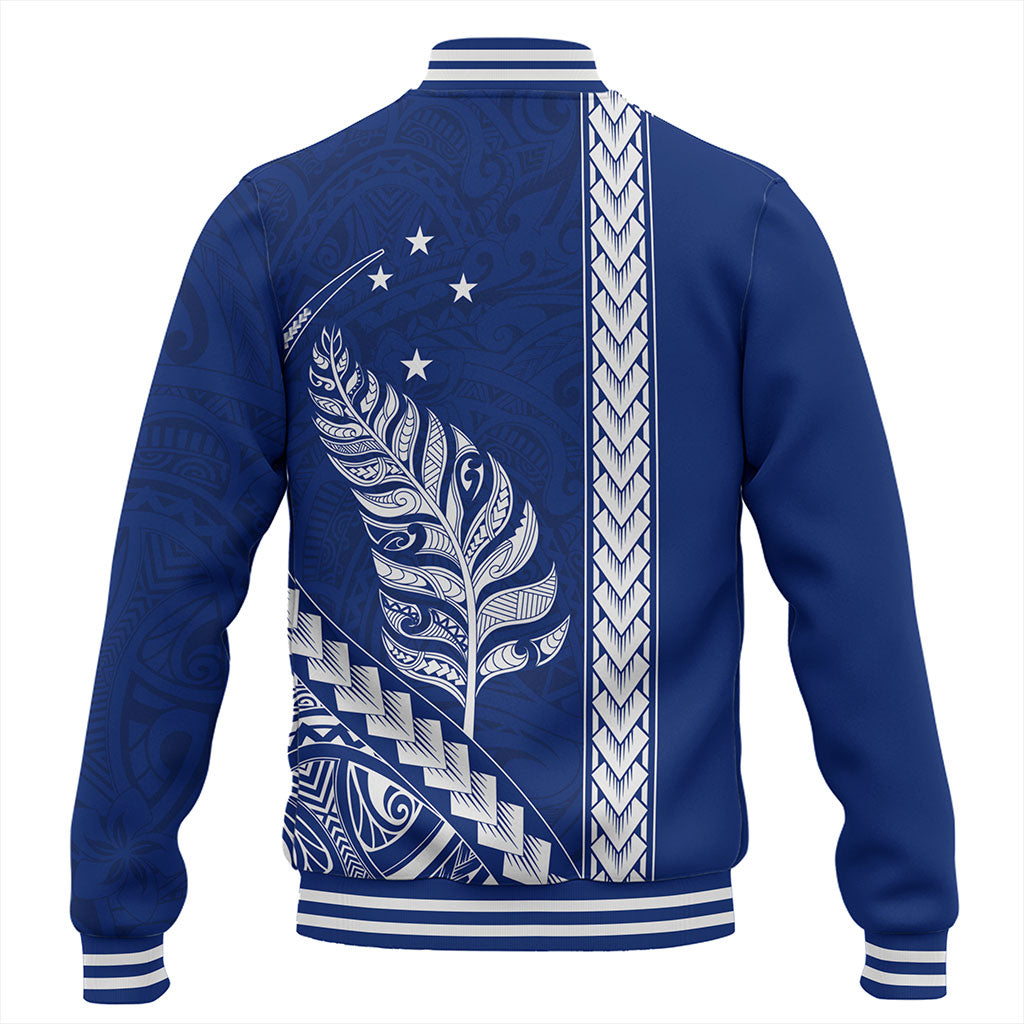 New Zealand Baseball Jacket Maori Tribal Silver Fern With Star Tattoo Style Blue