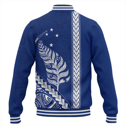 New Zealand Baseball Jacket Maori Tribal Silver Fern With Star Tattoo Style Blue