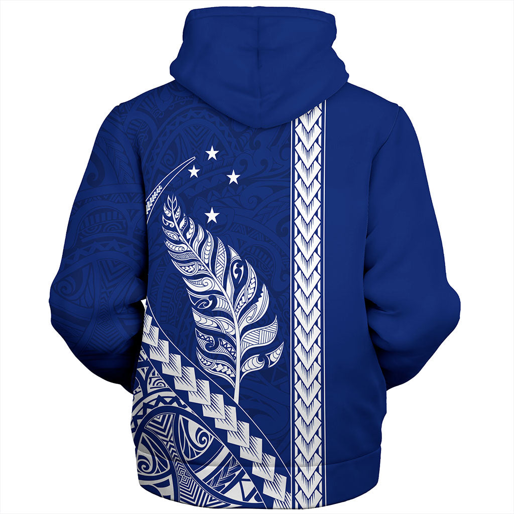 New Zealand Sherpa Hoodie Maori Tribal Silver Fern With Star Tattoo Style Blue