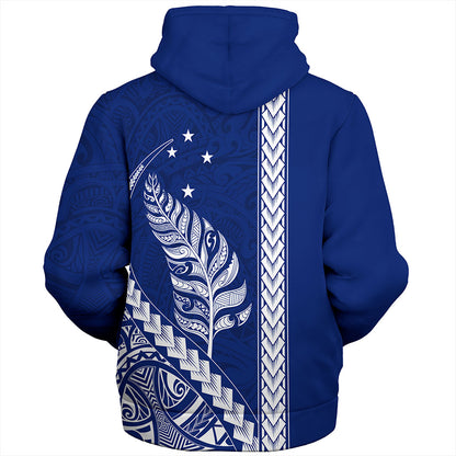 New Zealand Sherpa Hoodie Maori Tribal Silver Fern With Star Tattoo Style Blue