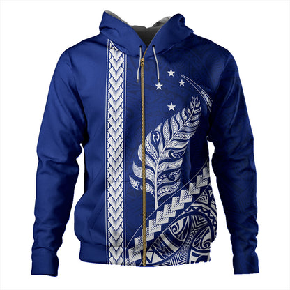 New Zealand Hoodie Maori Tribal Silver Fern With Star Tattoo Style Blue