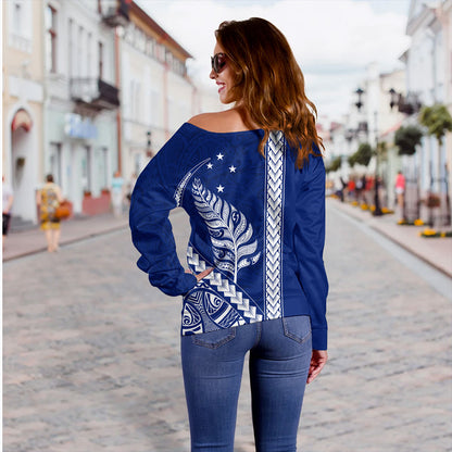 New Zealand Off Shoulder Sweatshirt Maori Tribal Silver Fern With Star Tattoo Style Blue
