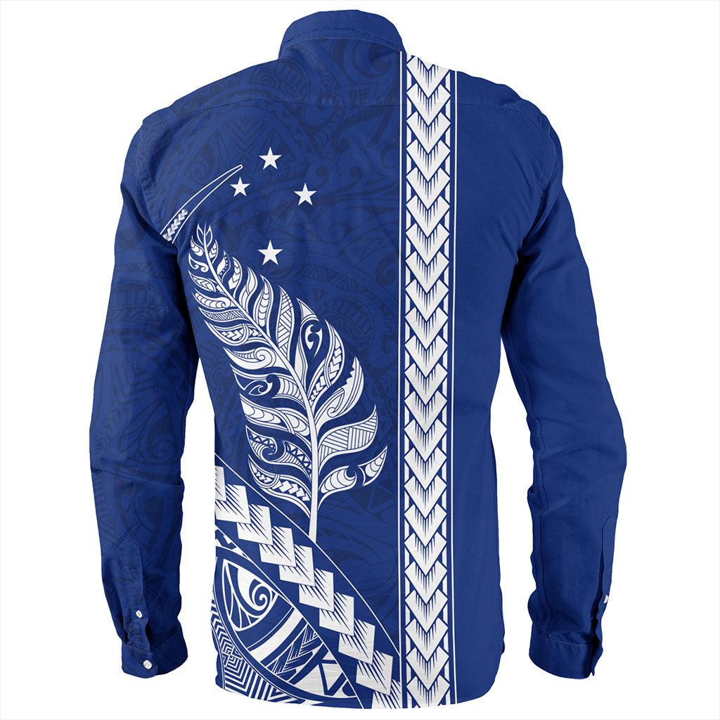 New Zealand Long Sleeve Shirt Maori Tribal Silver Fern With Star Tattoo Style Blue