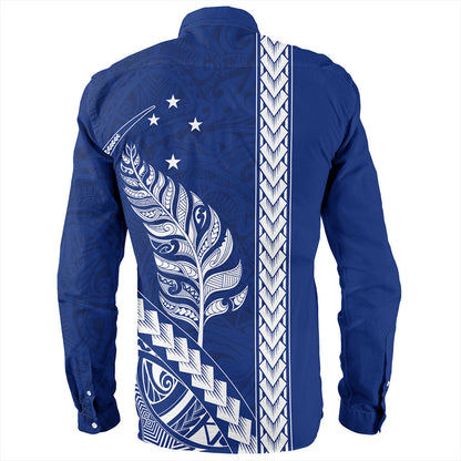 New Zealand Long Sleeve Shirt Maori Tribal Silver Fern With Star Tattoo Style Blue
