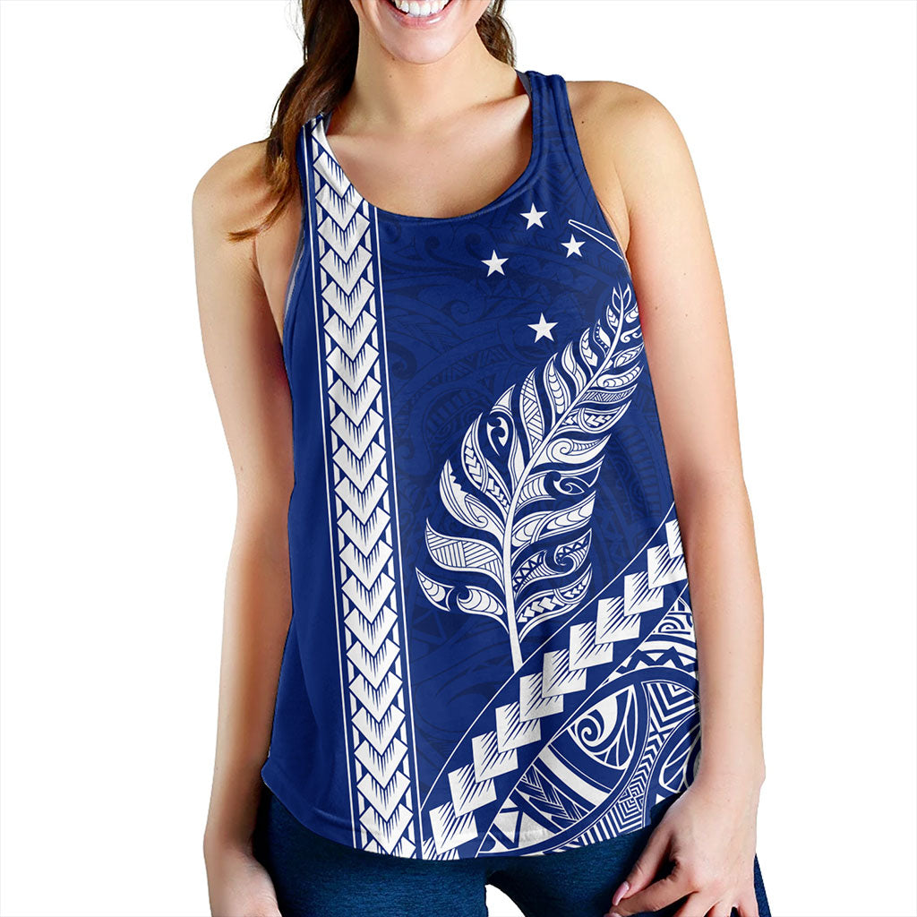 New Zealand Women Tank Maori Tribal Silver Fern With Star Tattoo Style Blue