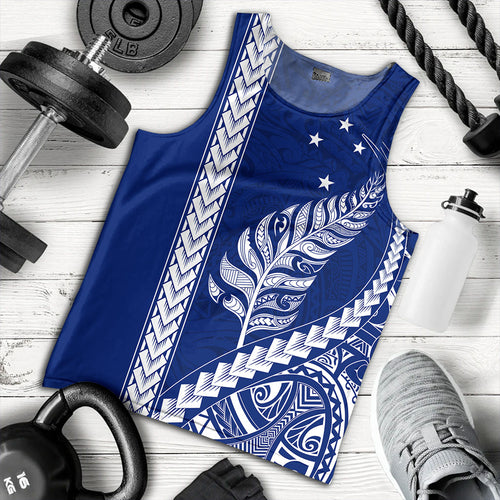 New Zealand Tank Top Maori Tribal Silver Fern With Star Tattoo Style Blue