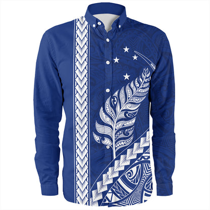 New Zealand Long Sleeve Shirt Maori Tribal Silver Fern With Star Tattoo Style Blue