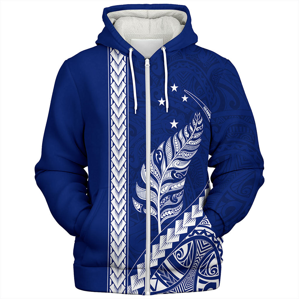 New Zealand Sherpa Hoodie Maori Tribal Silver Fern With Star Tattoo Style Blue
