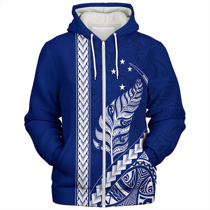 New Zealand Sherpa Hoodie Maori Tribal Silver Fern With Star Tattoo Style Blue