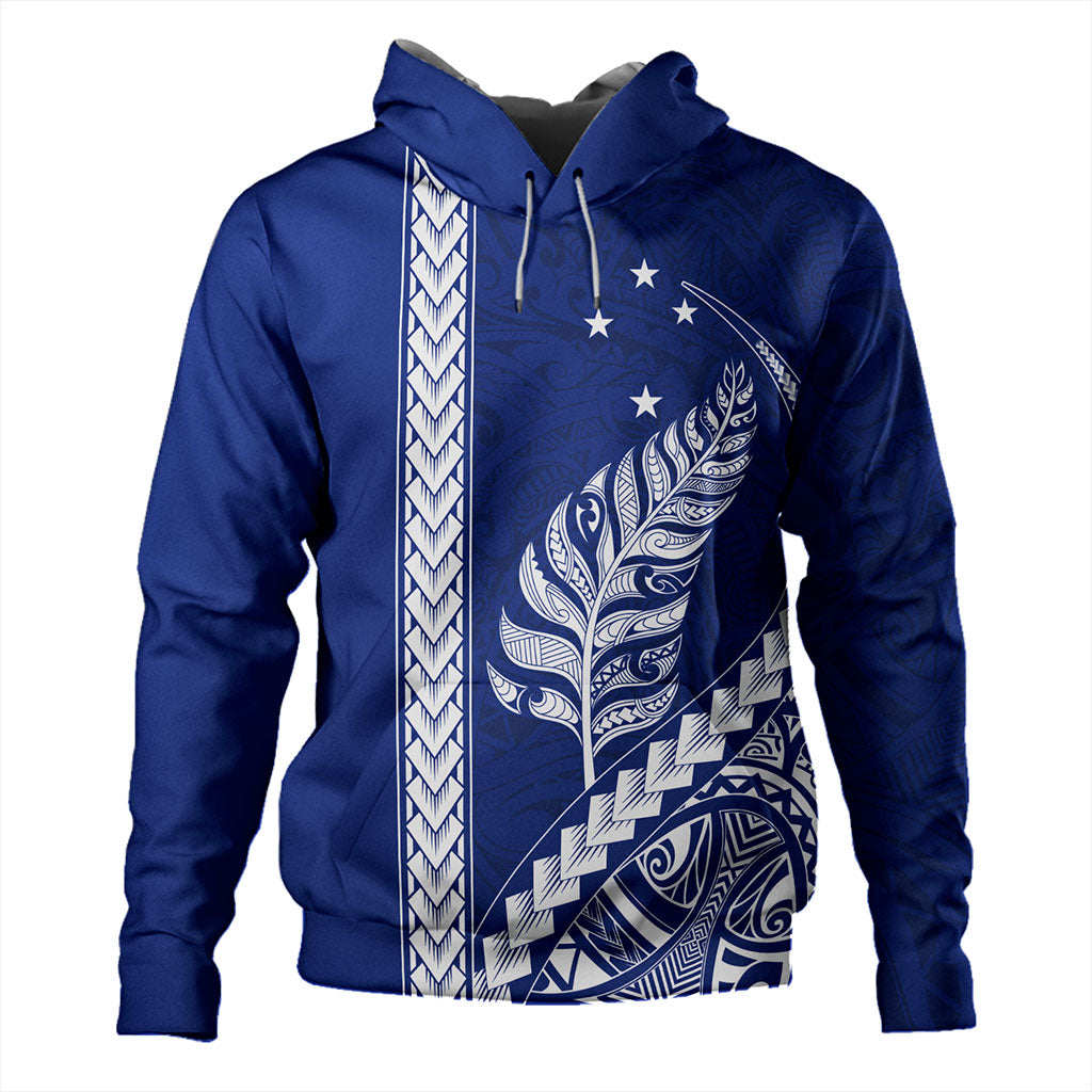 New Zealand Hoodie Maori Tribal Silver Fern With Star Tattoo Style Blue