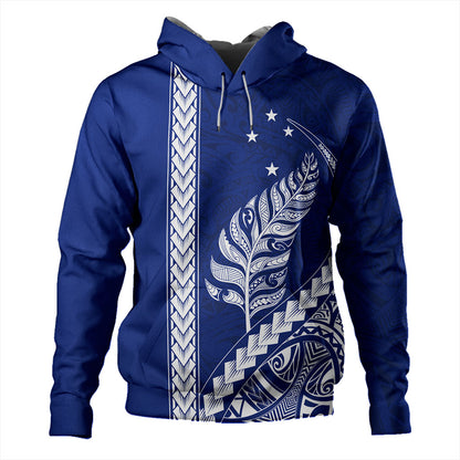 New Zealand Hoodie Maori Tribal Silver Fern With Star Tattoo Style Blue