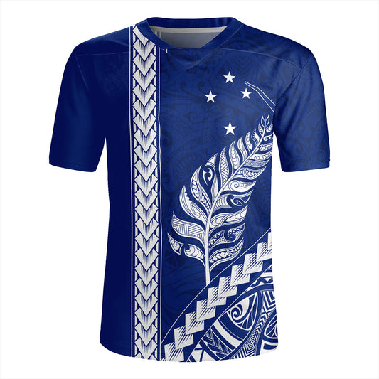 New Zealand Rugby Jersey Maori Tribal Silver Fern With Star Tattoo Style Blue