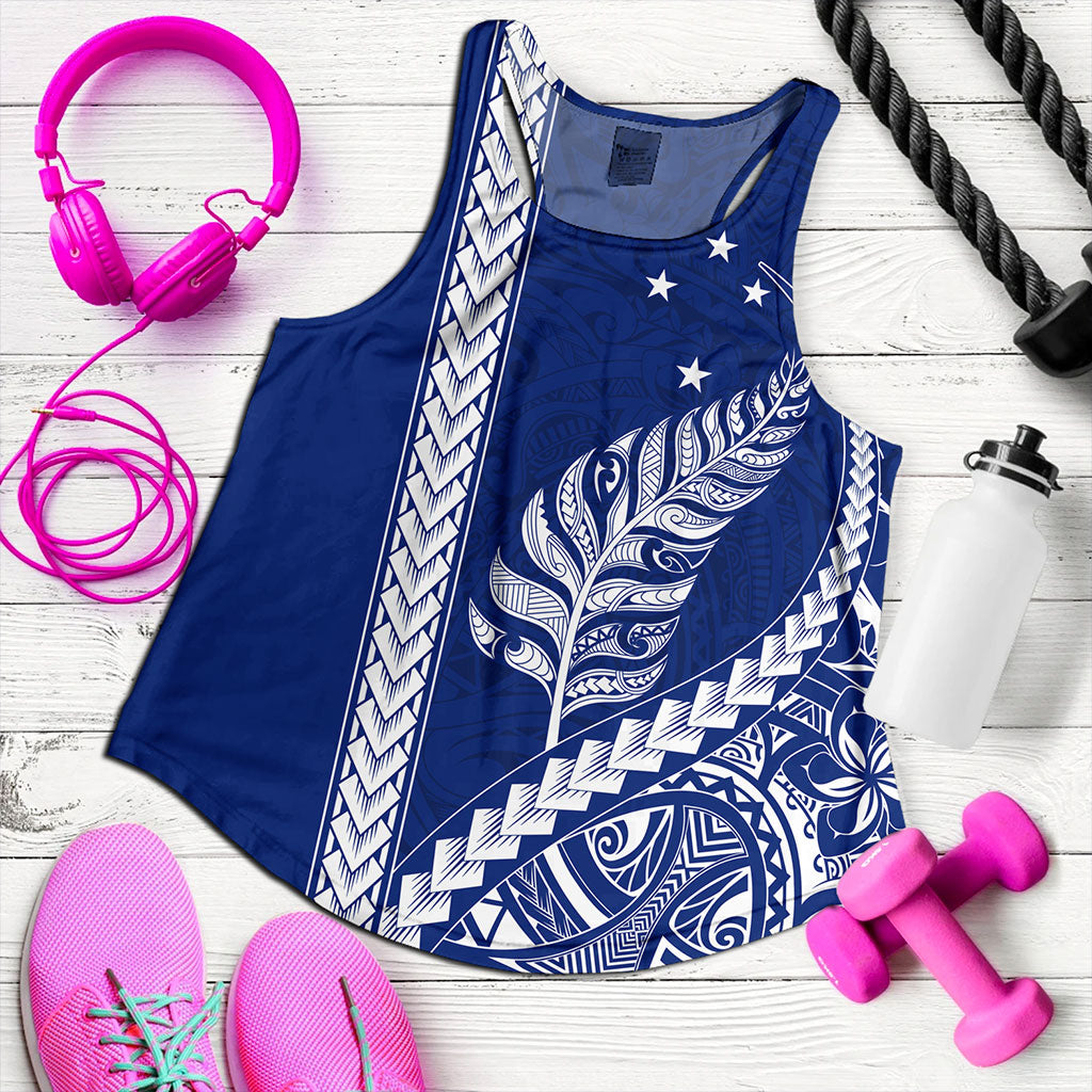 New Zealand Women Tank Maori Tribal Silver Fern With Star Tattoo Style Blue