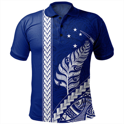 New Zealand Polo Shirt Maori Tribal Silver Fern With Star Tattoo Style Blue