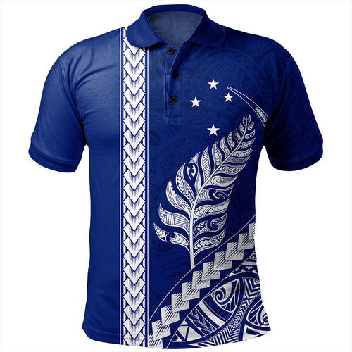 New Zealand Polo Shirt Maori Tribal Silver Fern With Star Tattoo Style Blue