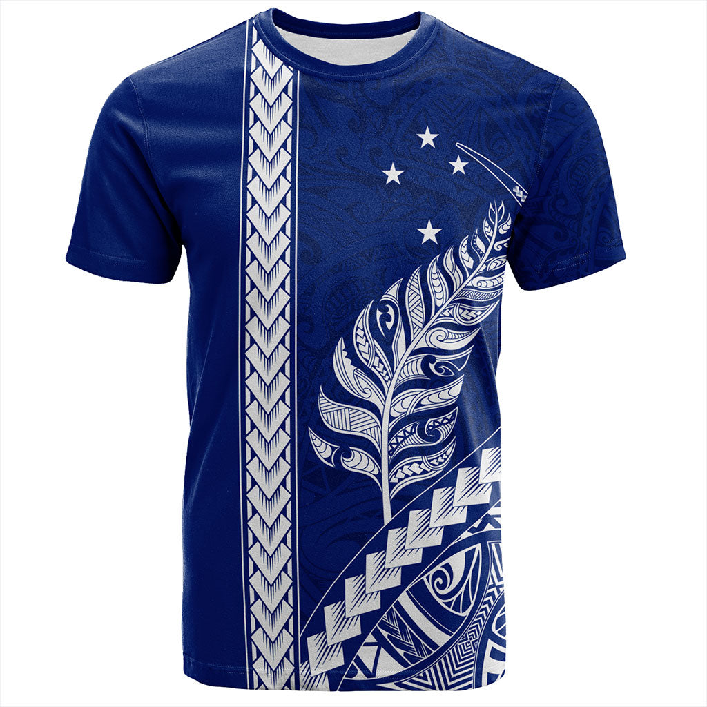 New Zealand T-Shirt Maori Tribal Silver Fern With Star Tattoo Style Blue
