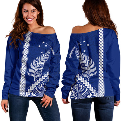 New Zealand Off Shoulder Sweatshirt Maori Tribal Silver Fern With Star Tattoo Style Blue