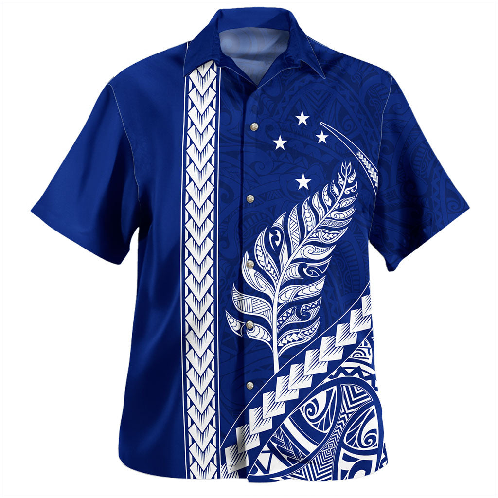 New Zealand Hawaiian Shirt Maori Tribal Silver Fern With Star Tattoo Style Blue