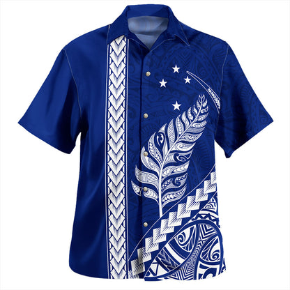 New Zealand Hawaiian Shirt Maori Tribal Silver Fern With Star Tattoo Style Blue
