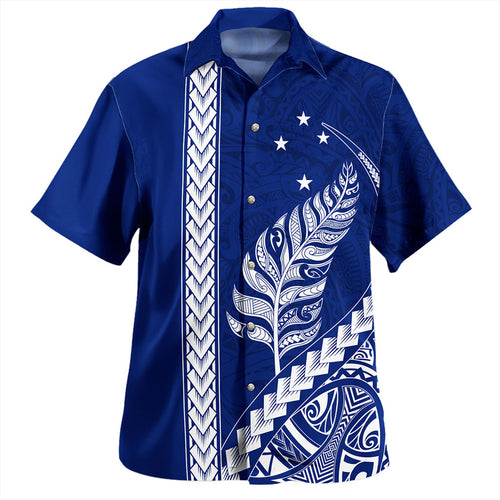 New Zealand Hawaiian Shirt Maori Tribal Silver Fern With Star Tattoo Style Blue