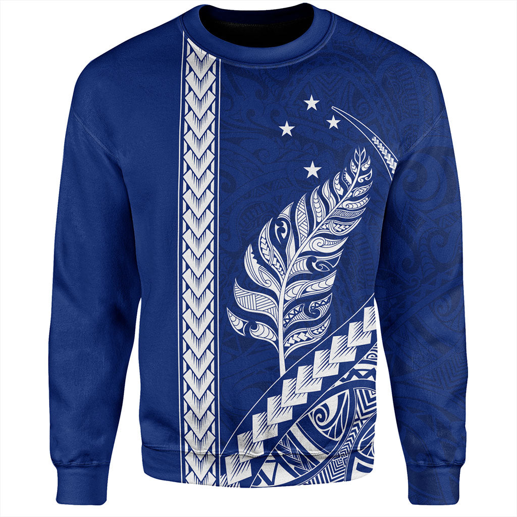 New Zealand Sweatshirt Maori Tribal Silver Fern With Star Tattoo Style Blue