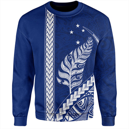 New Zealand Sweatshirt Maori Tribal Silver Fern With Star Tattoo Style Blue