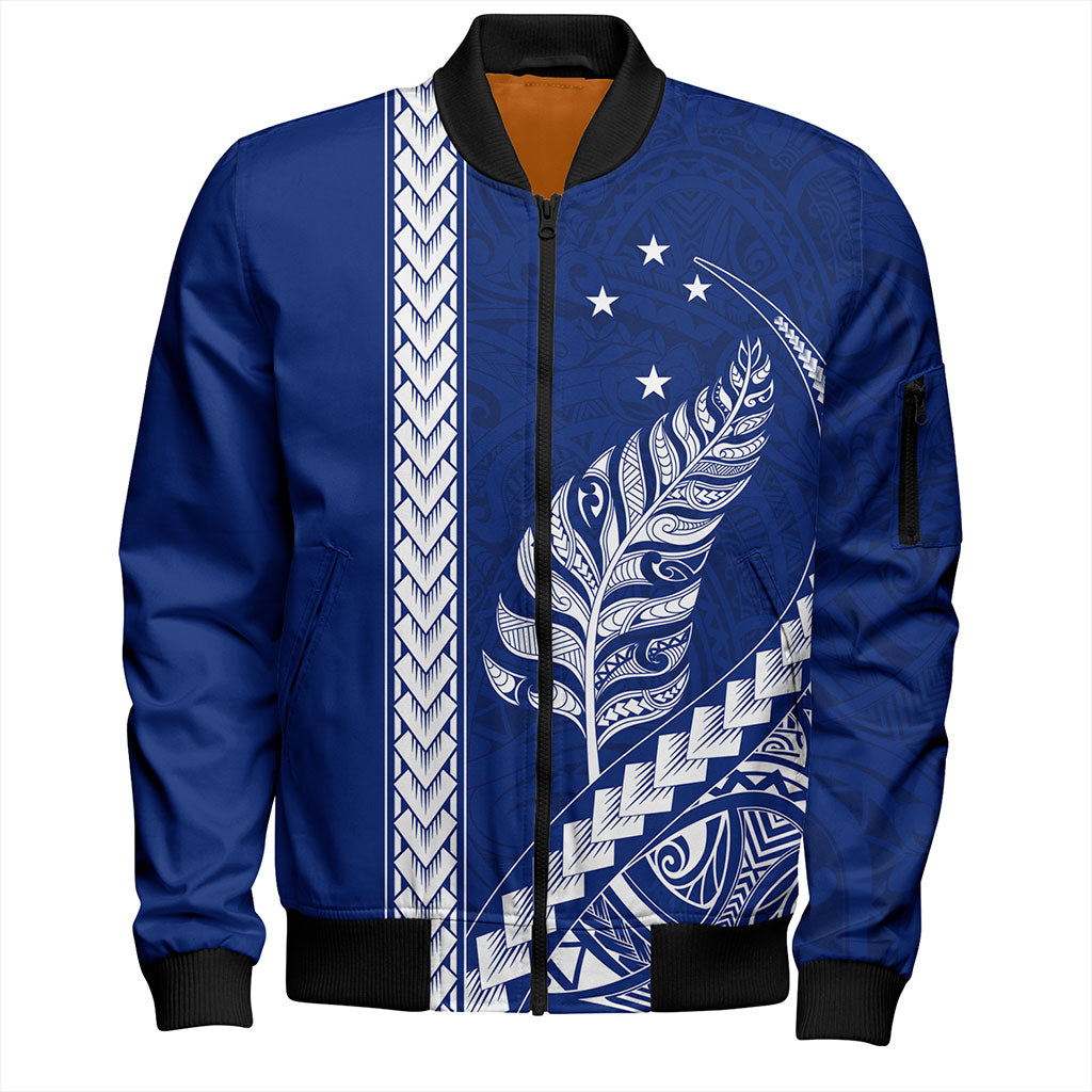 New Zealand Bomber Jacket Maori Tribal Silver Fern With Star Tattoo Style Blue