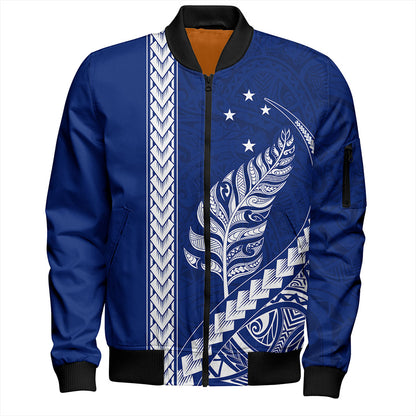New Zealand Bomber Jacket Maori Tribal Silver Fern With Star Tattoo Style Blue
