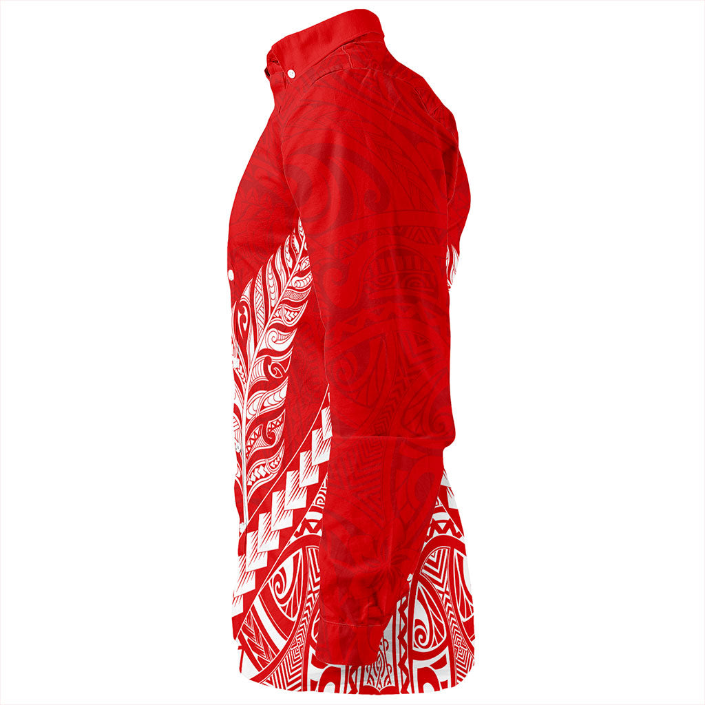 New Zealand Long Sleeve Shirt Maori Tribal Silver Fern Tattoo Style Red