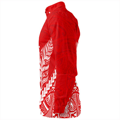 New Zealand Long Sleeve Shirt Maori Tribal Silver Fern Tattoo Style Red