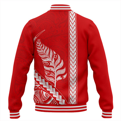 New Zealand Baseball Jacket Maori Tribal Silver Fern Tattoo Style Red