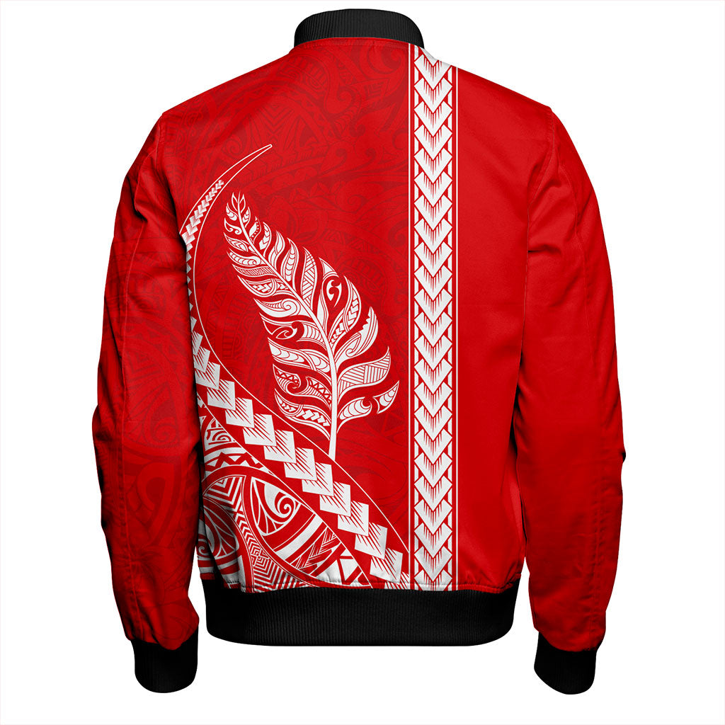 New Zealand Bomber Jacket Maori Tribal Silver Fern Tattoo Style Red