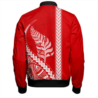 New Zealand Bomber Jacket Maori Tribal Silver Fern Tattoo Style Red