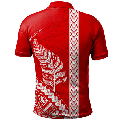 New Zealand Polo Shirt Maori Tribal Silver Fern Tattoo Style Red