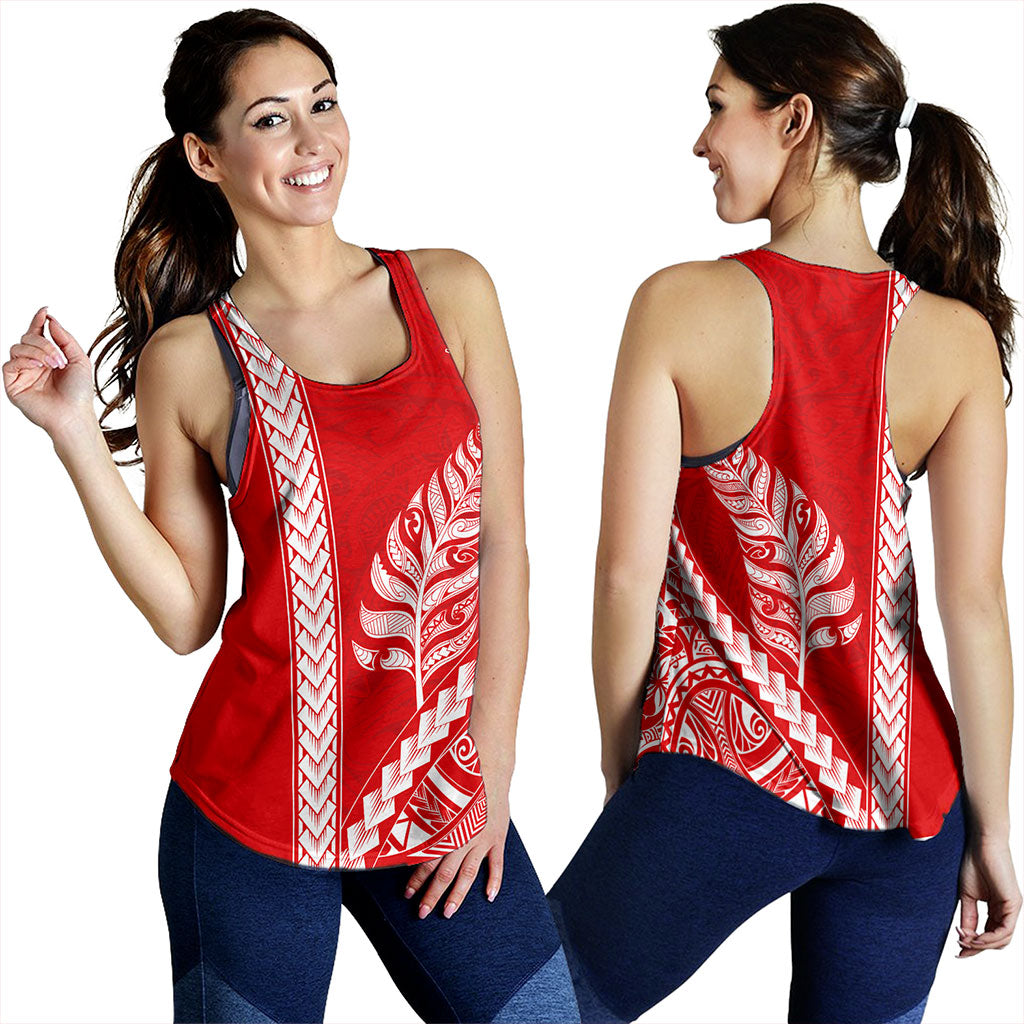 New Zealand Women Tank Maori Tribal Silver Fern Tattoo Style Red
