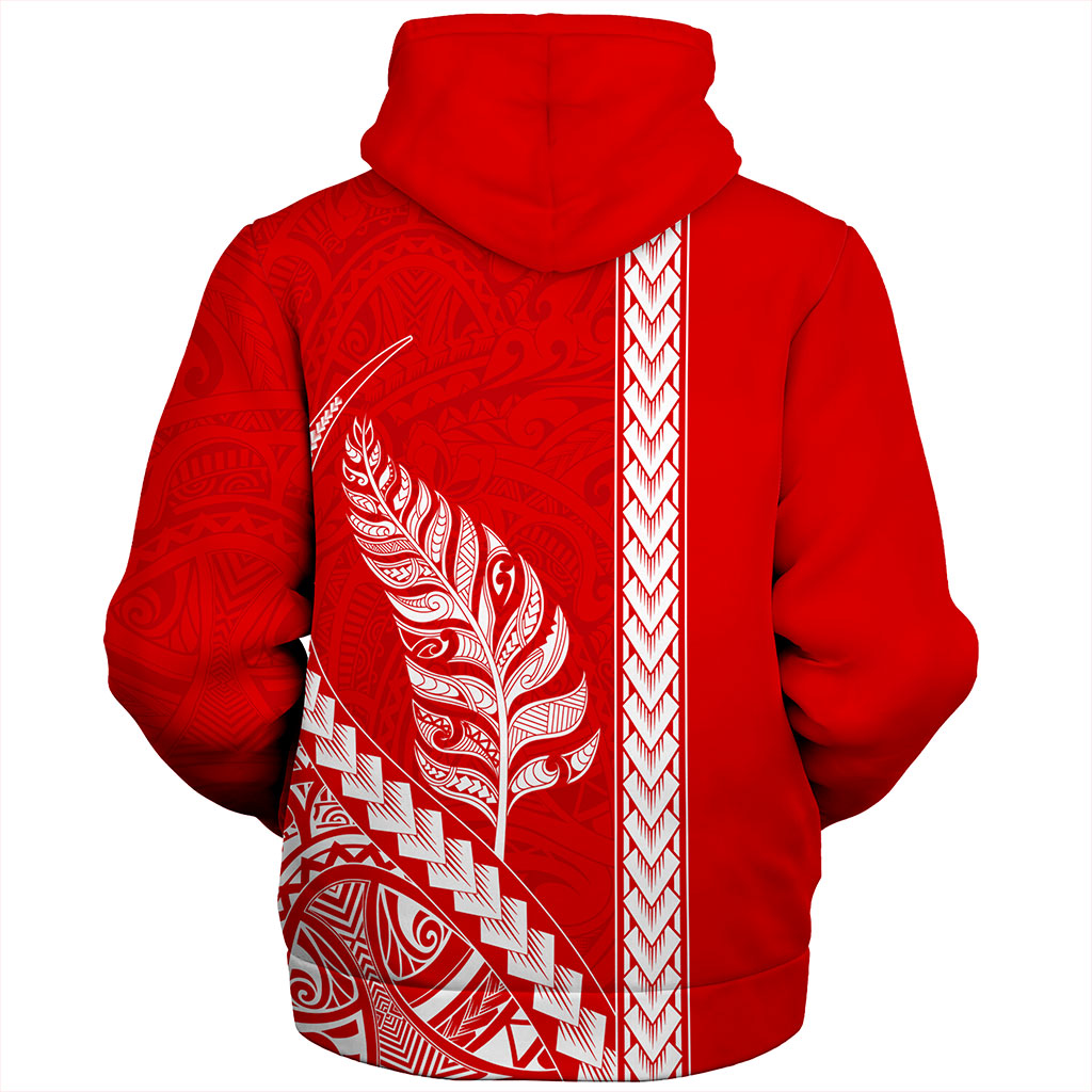 New Zealand Sherpa Hoodie Maori Tribal Silver Fern Tattoo Style Red