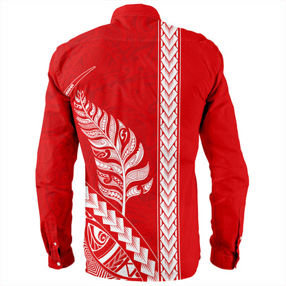 New Zealand Long Sleeve Shirt Maori Tribal Silver Fern Tattoo Style Red