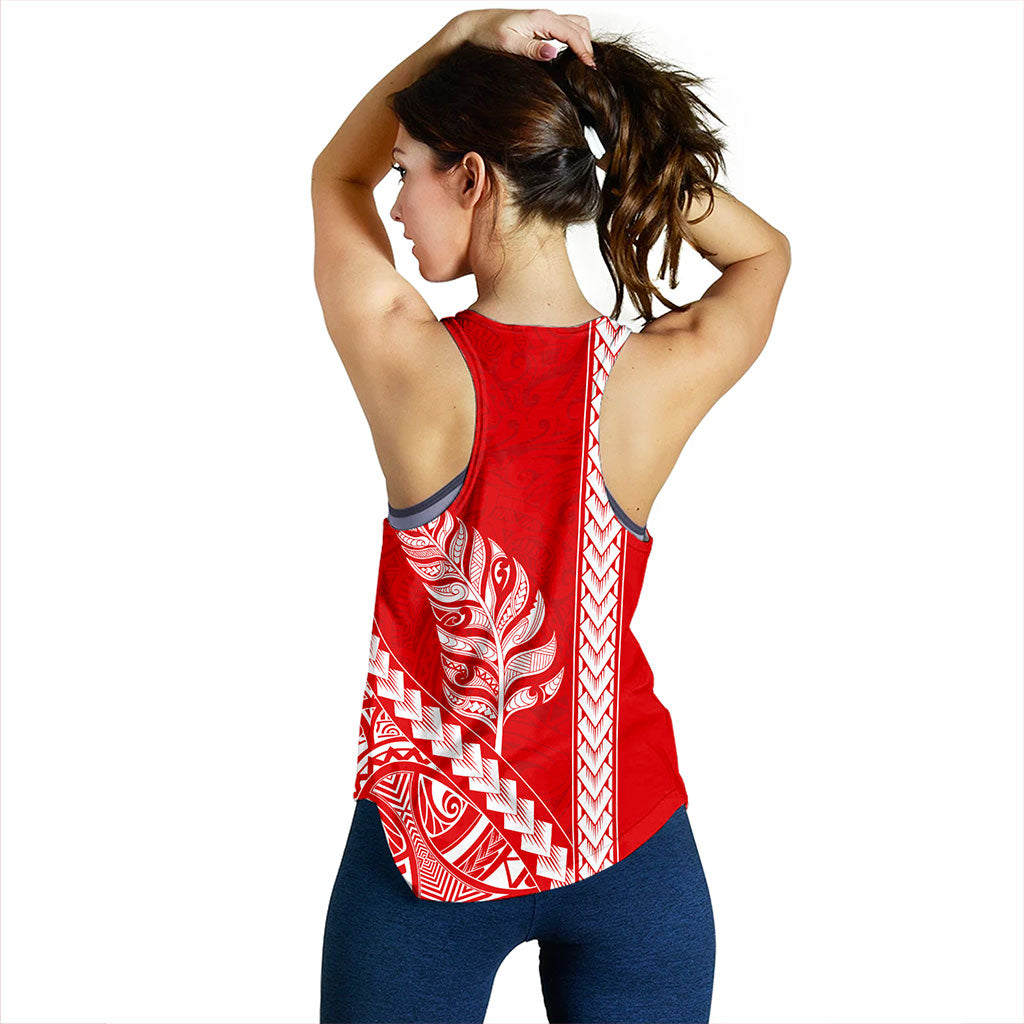 New Zealand Women Tank Maori Tribal Silver Fern Tattoo Style Red