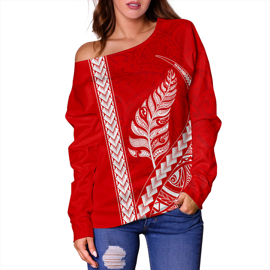 New Zealand Off Shoulder Sweatshirt Maori Tribal Silver Fern Tattoo Style Red