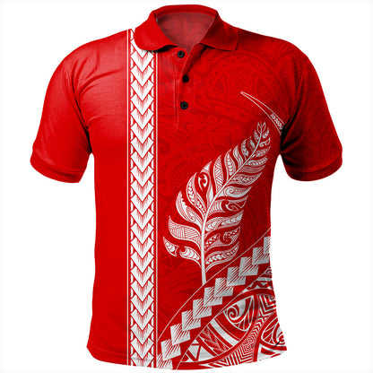 New Zealand Polo Shirt Maori Tribal Silver Fern Tattoo Style Red