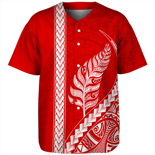 New Zealand Baseball Shirt Maori Tribal Silver Fern Tattoo Style Red